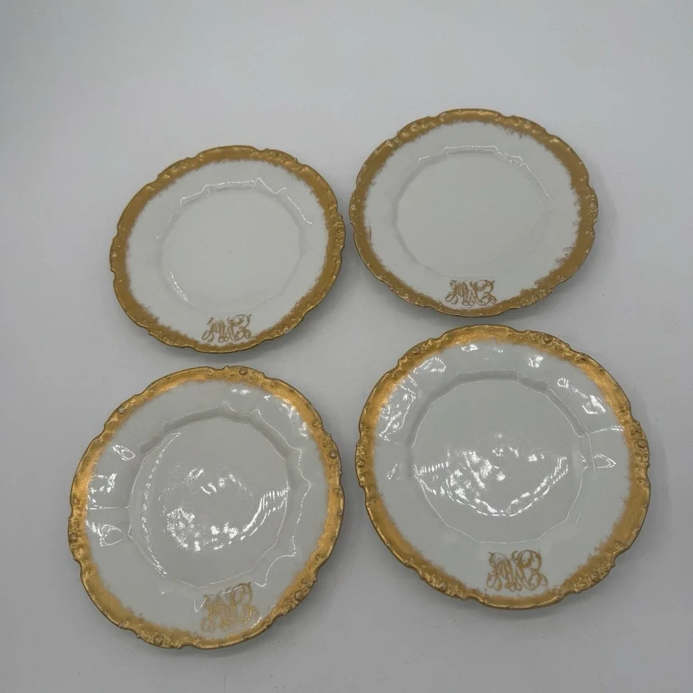 Antique 1909 Set 4 La Seynie P&P Limoges Plates Lycetts Decorators Gold Monogram
